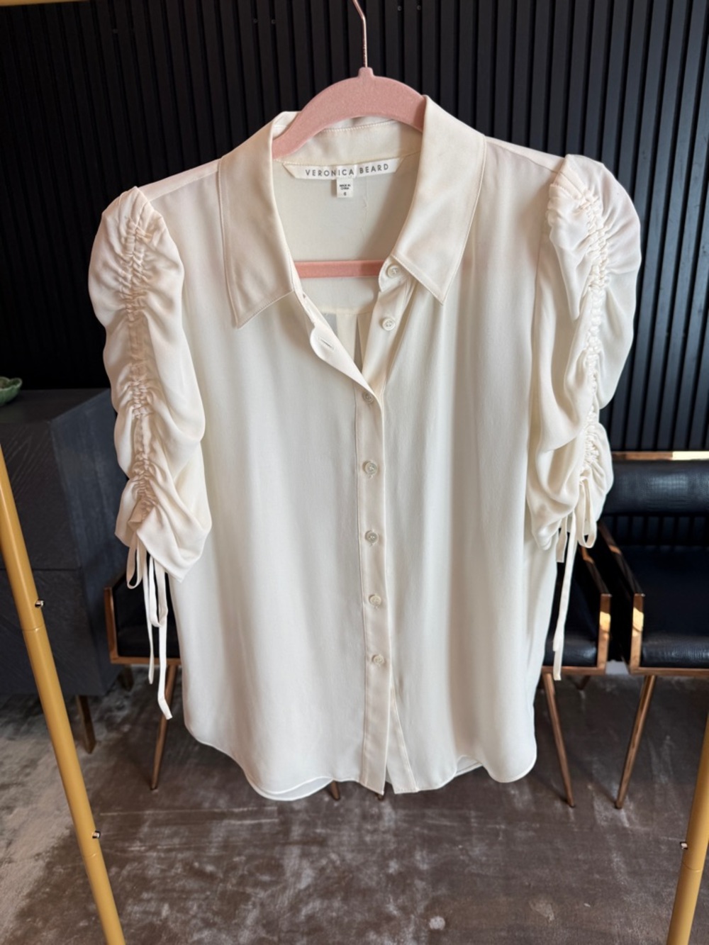 Veronica Beard Cream Ruched Short Sleeve Button-Down Blouse size 6